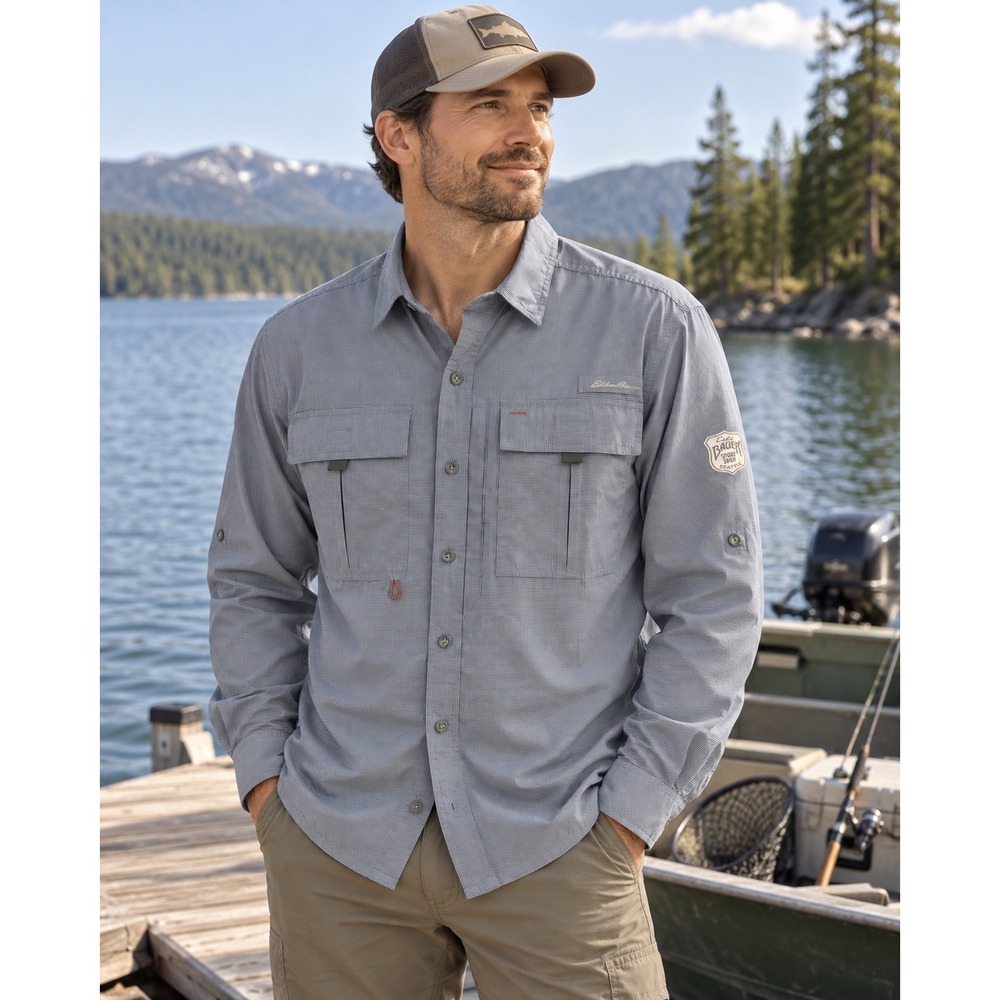 Eddie Bauer Men's Large Blue Vented Fishing Shirt Outdoor Utility Long Sleeve